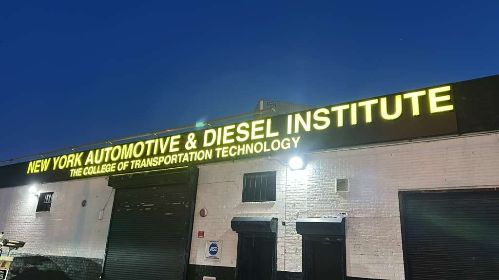 Channel letters, lit at night for New York Automotive & Diesel Institute