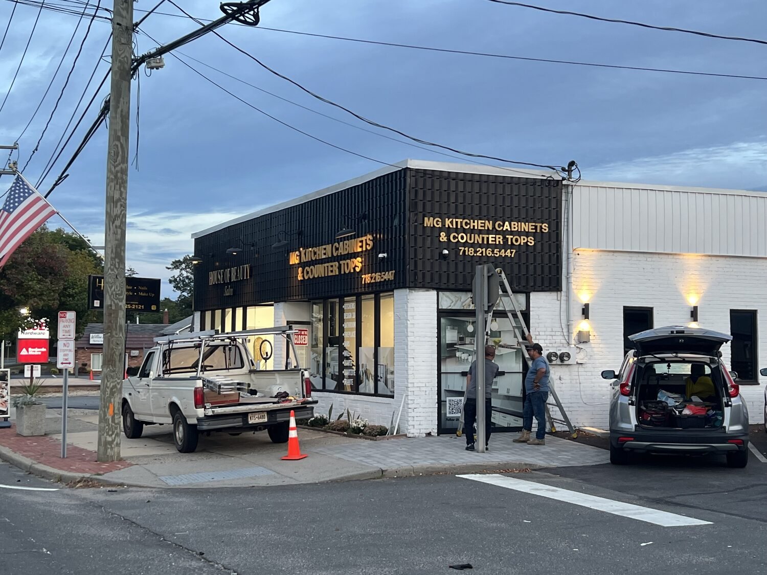 Facade signs, install day for MG Kitchen Cabinets