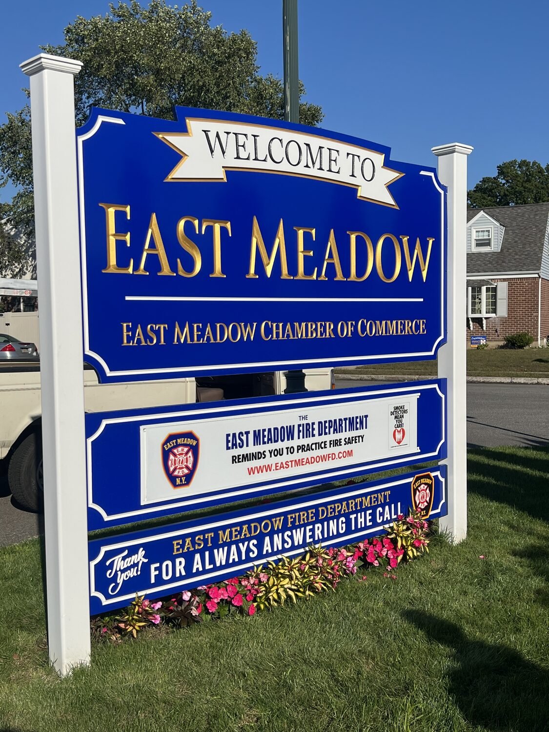 Welcome monument sign for East Meadow Chamber of Commerce
