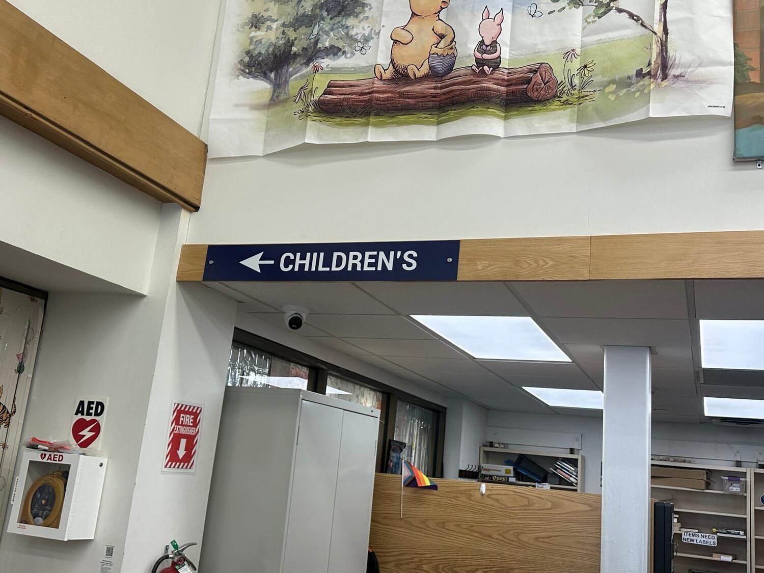 Directional and safety signs for Public library